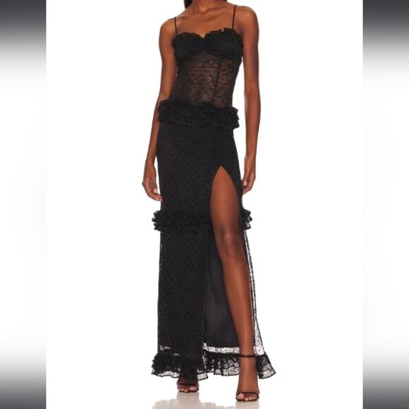 MAJORELLE "Sienna" Black Lace Ruffle Gown Size XS